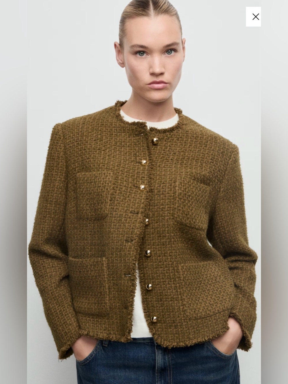 Mango Khaki Cotton Wool Blend Tweed Jacket Lined Gold Buttons NWT XL